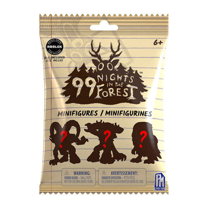 99 Nights In The Forest Collectable Minifigures packaging featuring silhouettes and warning details.