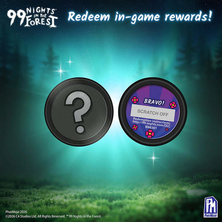 99 Nights In The Forest Series 1 Collector Bundle redeem in-game rewards scratch-off coins with instructions.