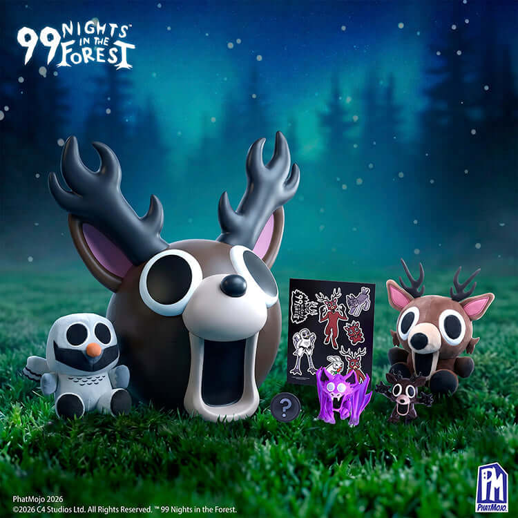 99 Nights In The Forest Series 1 Collector Bundle featuring cute plush toys and collectibles on a grassy background.