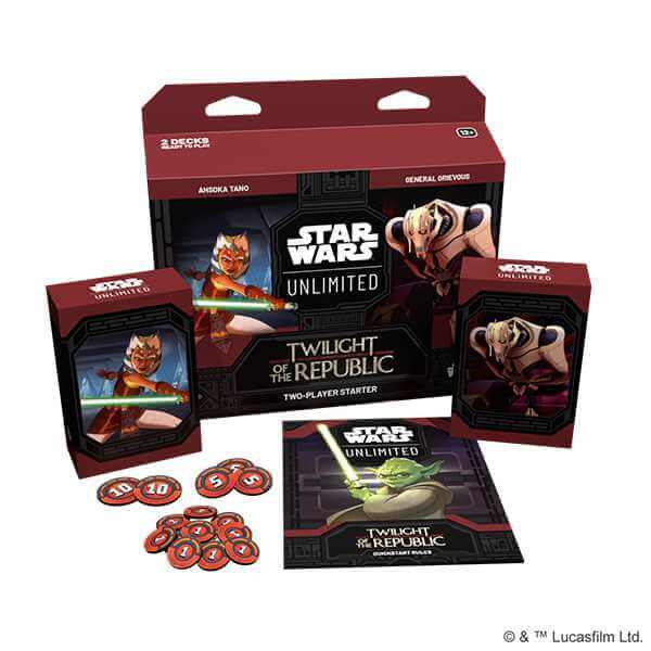 Star Wars Unlimited Twilight of the Republic Two-Player Starter with decks, tokens, and rulebook for exciting gameplay.