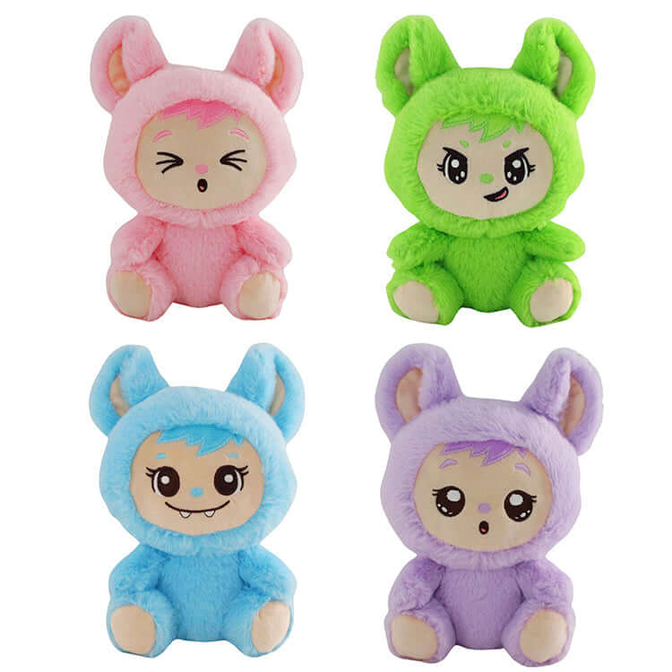 Collection of LaBabies plush toys in pastel colors, featuring cute anime-inspired designs and big personalities.
