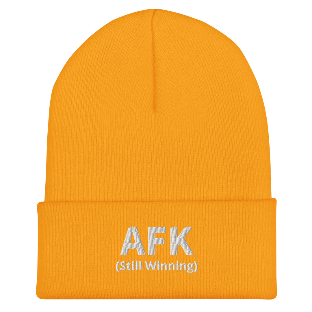AFK Cuffed Beanie in bright orange with "AFK (Still Winning)" embroidered in white.