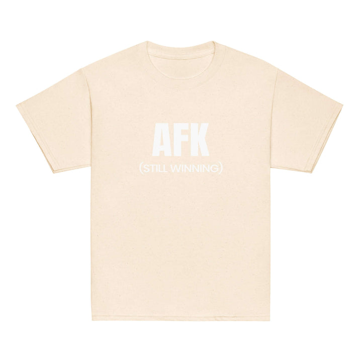 AFK Youth classic tee in beige with text saying 'AFK (STILL WINNING)' on front.