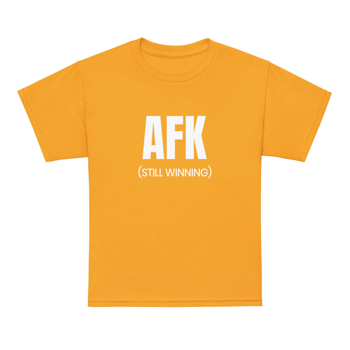 AFK Youth t-shirt in vibrant yellow with white text saying &