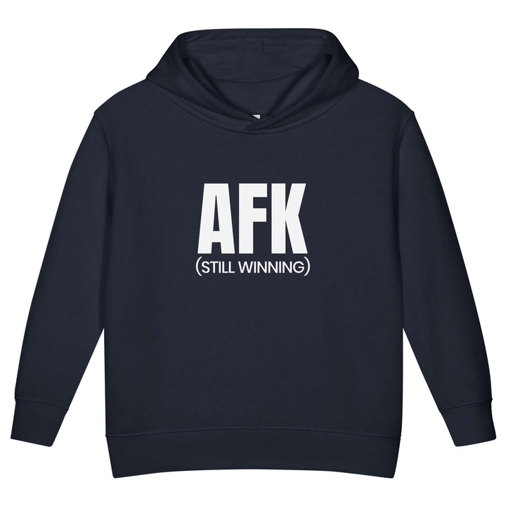 AFK Toddler fleece pullover hoodie in navy with 'AFK (STILL WINNING)' graphic for comfortable toddler wear.
