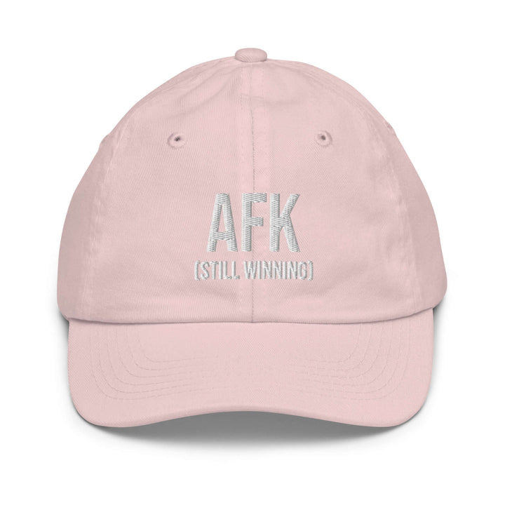 AFK Youth baseball cap in pink color featuring embroidered text "AFK (STILL WINNING)" for stylish comfort.