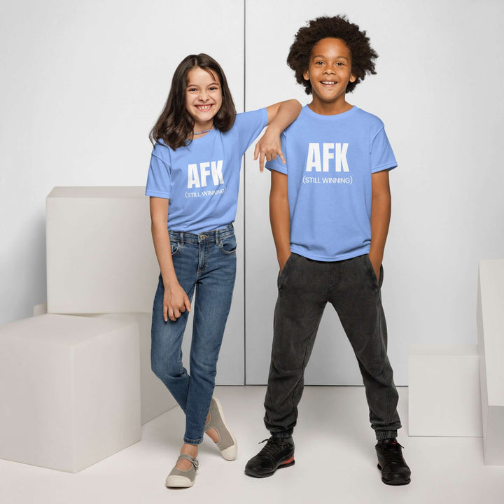 Two children wearing AFK Youth t-shirt in light blue, showcasing a modern fit and stylish design.