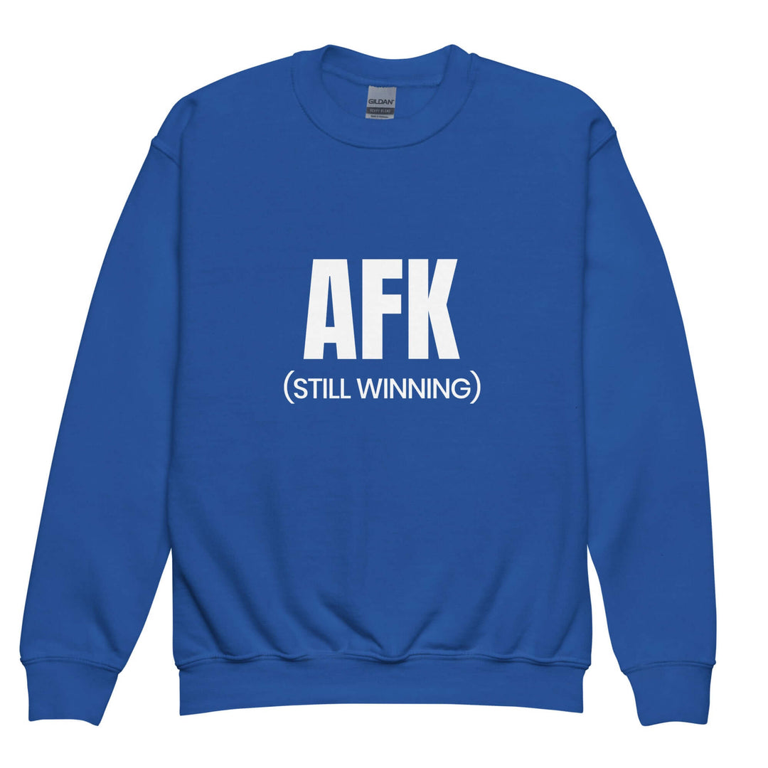AFK Youth crewneck sweatshirt in blue with bold text AFK (STILL WINNING) on the front.