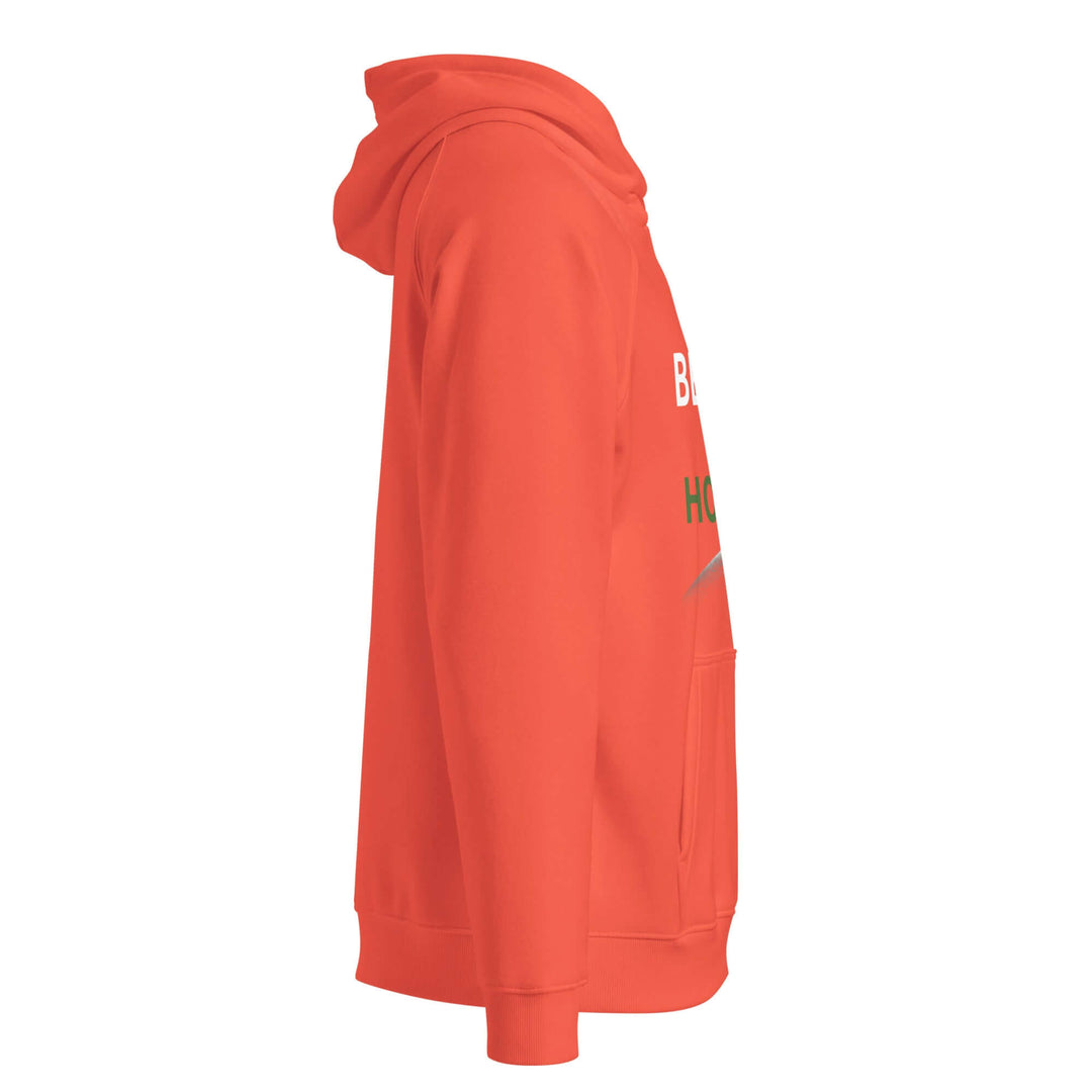 Side view of the Beyond the horizon eco-friendly unisex hoodie in vibrant orange color.
