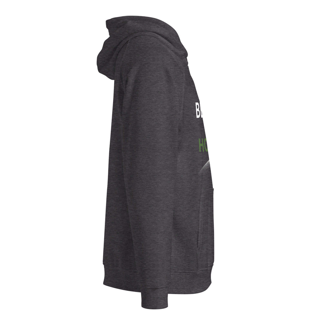 Side view of the eco-friendly unisex hoodie in dark gray, showcasing its stylish design and comfort features.