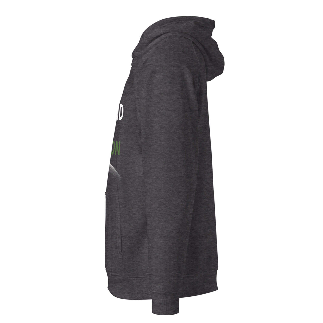 Side view of an eco-friendly unisex hoodie, showcasing its stylish design and comfortable fit.