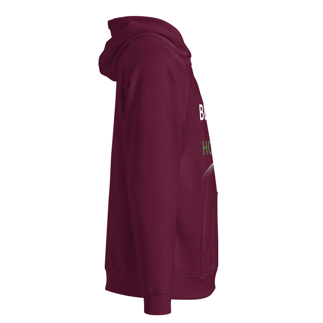 Side view of a maroon eco-friendly unisex hoodie featuring &