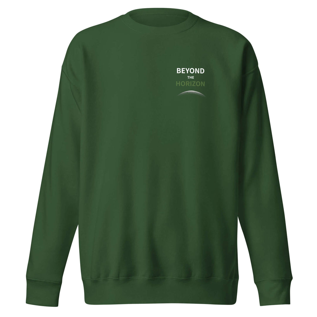 Beyond the Horizon Unisex Premium Sweatshirt in green, featuring a ribbed crew neck and classic design.