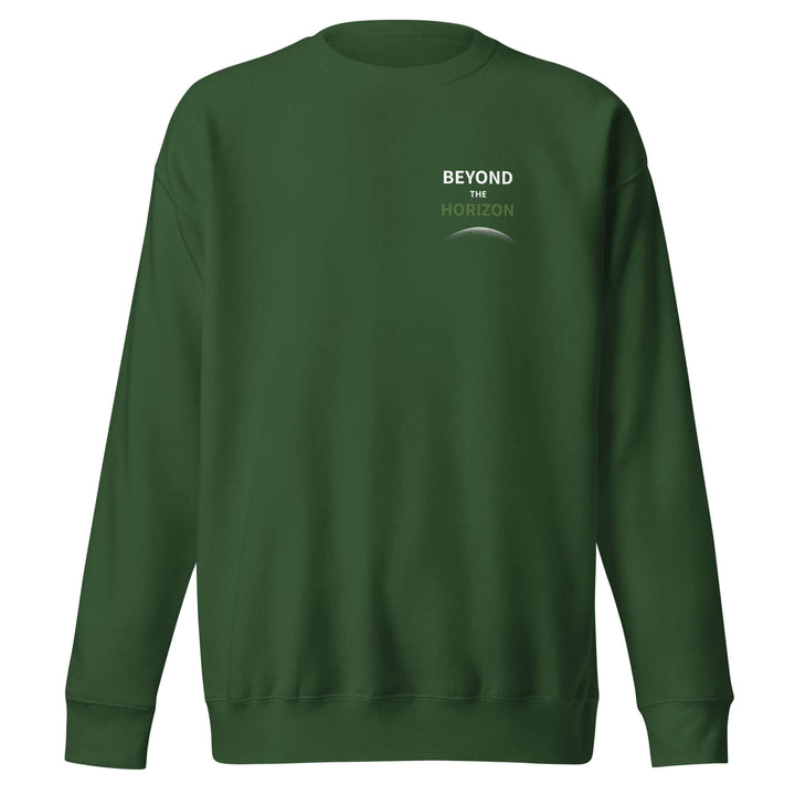 Beyond the Horizon Unisex Premium Sweatshirt in green, featuring a ribbed crew neck and classic design.