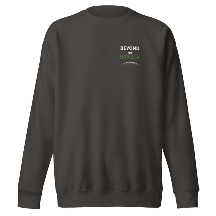 Beyond the Horizon Unisex Premium Sweatshirt in black, featuring ribbed crew neck and long sleeves.