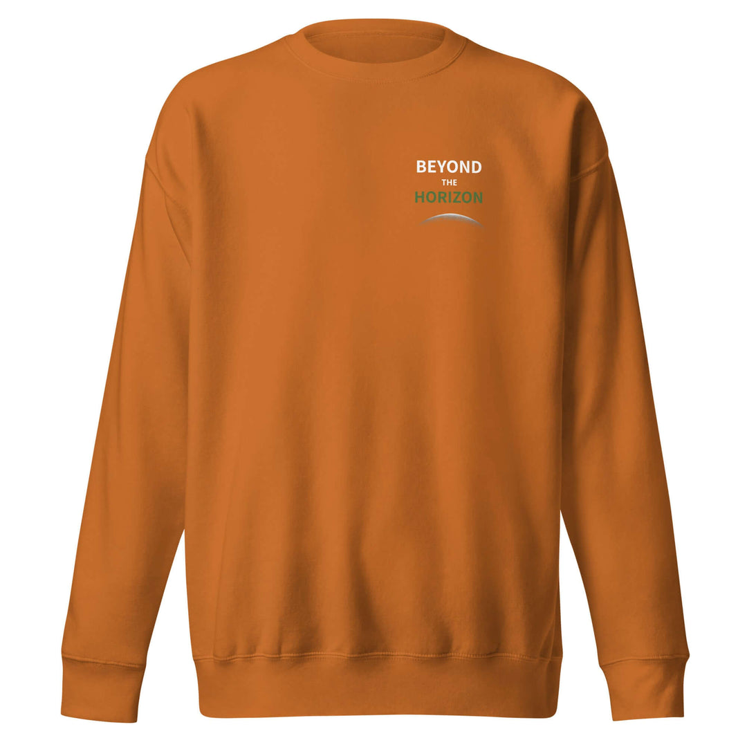 Beyond the Horizon Unisex Premium Sweatshirt in orange color, featuring ribbed crew neck and long sleeves.