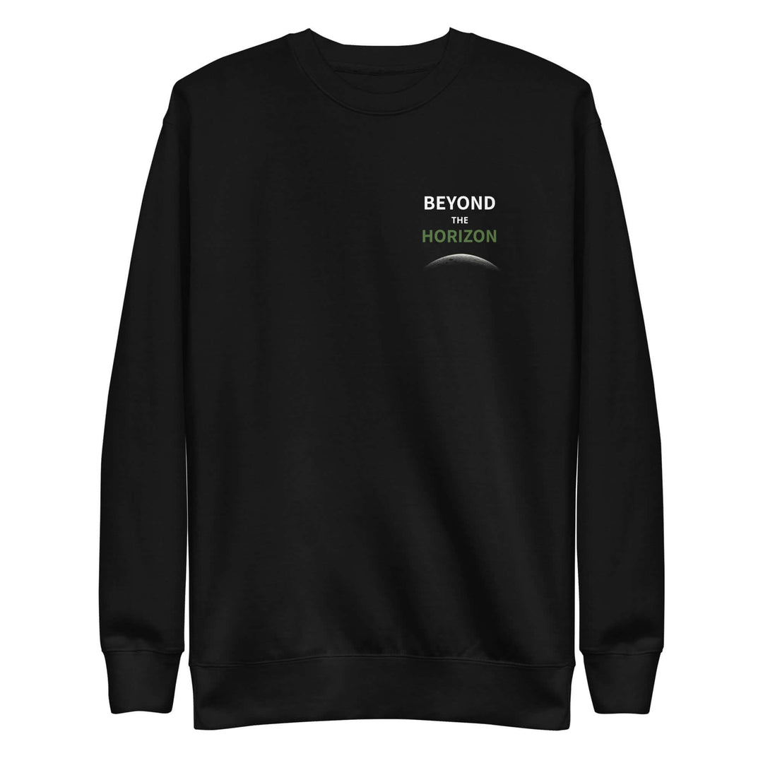 Beyond the Horizon Unisex Premium Sweatshirt in black, featuring stylish logo and comfortable fit.