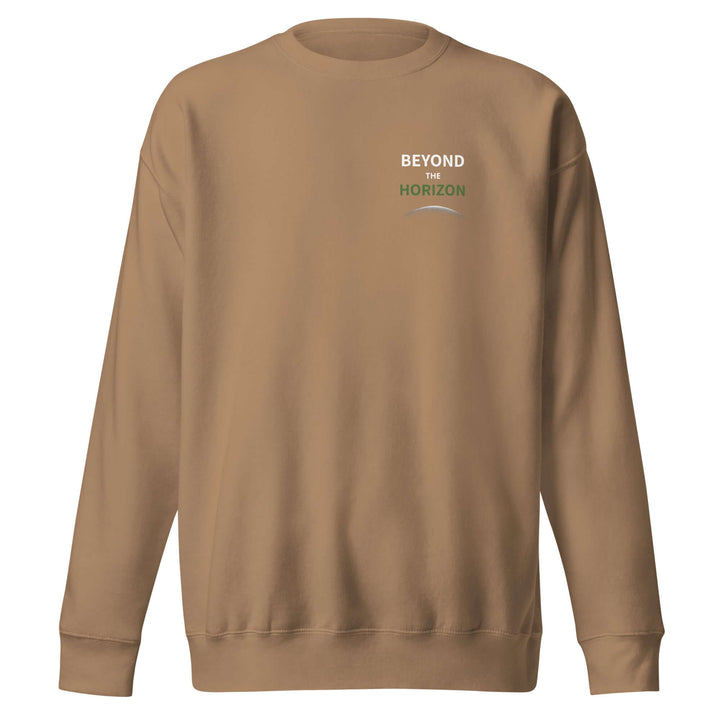 Beyond the Horizon Unisex Premium Sweatshirt in tan color with ribbed crew neck and long sleeves.