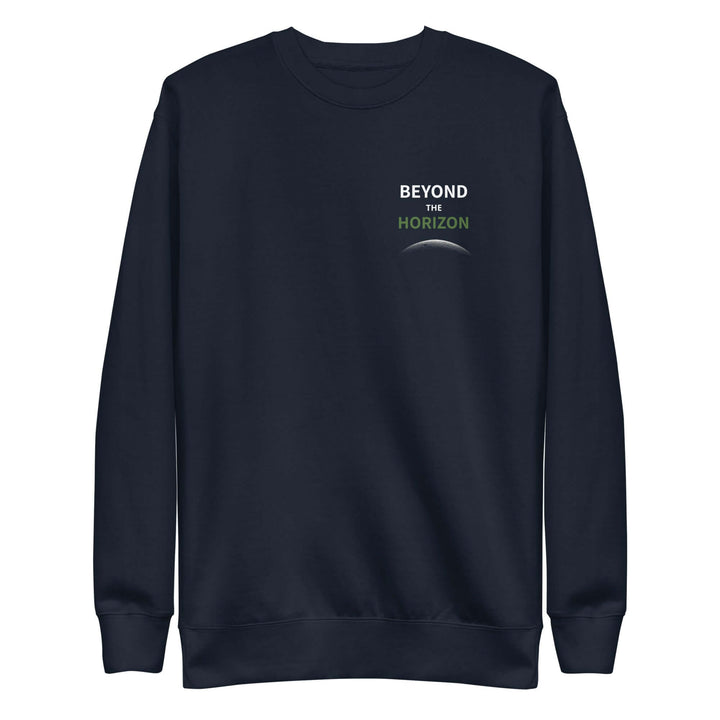 Beyond the Horizon Unisex Premium Sweatshirt in navy with a classic silhouette and ribbed crew neck.