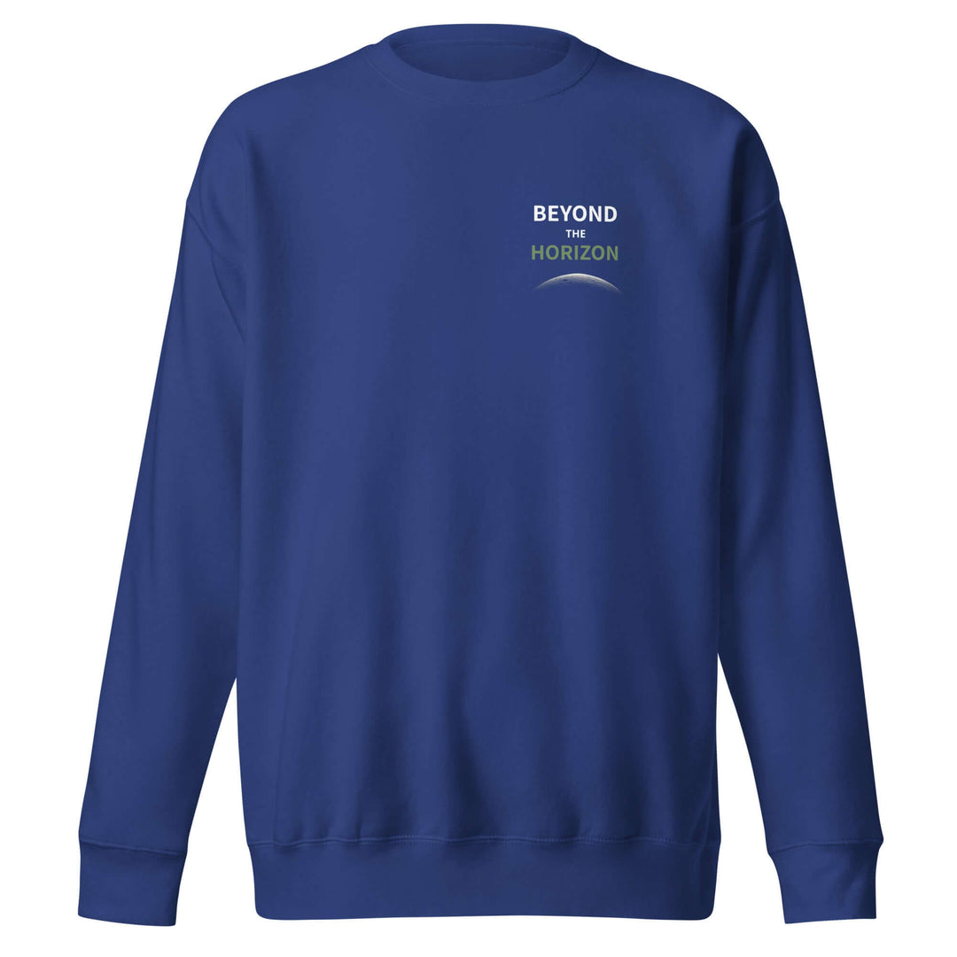 Beyond the Horizon Unisex Premium Sweatshirt in navy blue with ribbed crew neck and classic silhouette