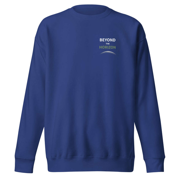 Beyond the Horizon Unisex Premium Sweatshirt in navy blue with ribbed crew neck and classic silhouette
