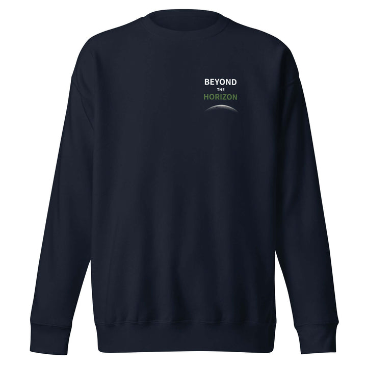 Beyond the Horizon Unisex Premium Sweatshirt in navy blue with ribbed crew neck and classic silhouette.