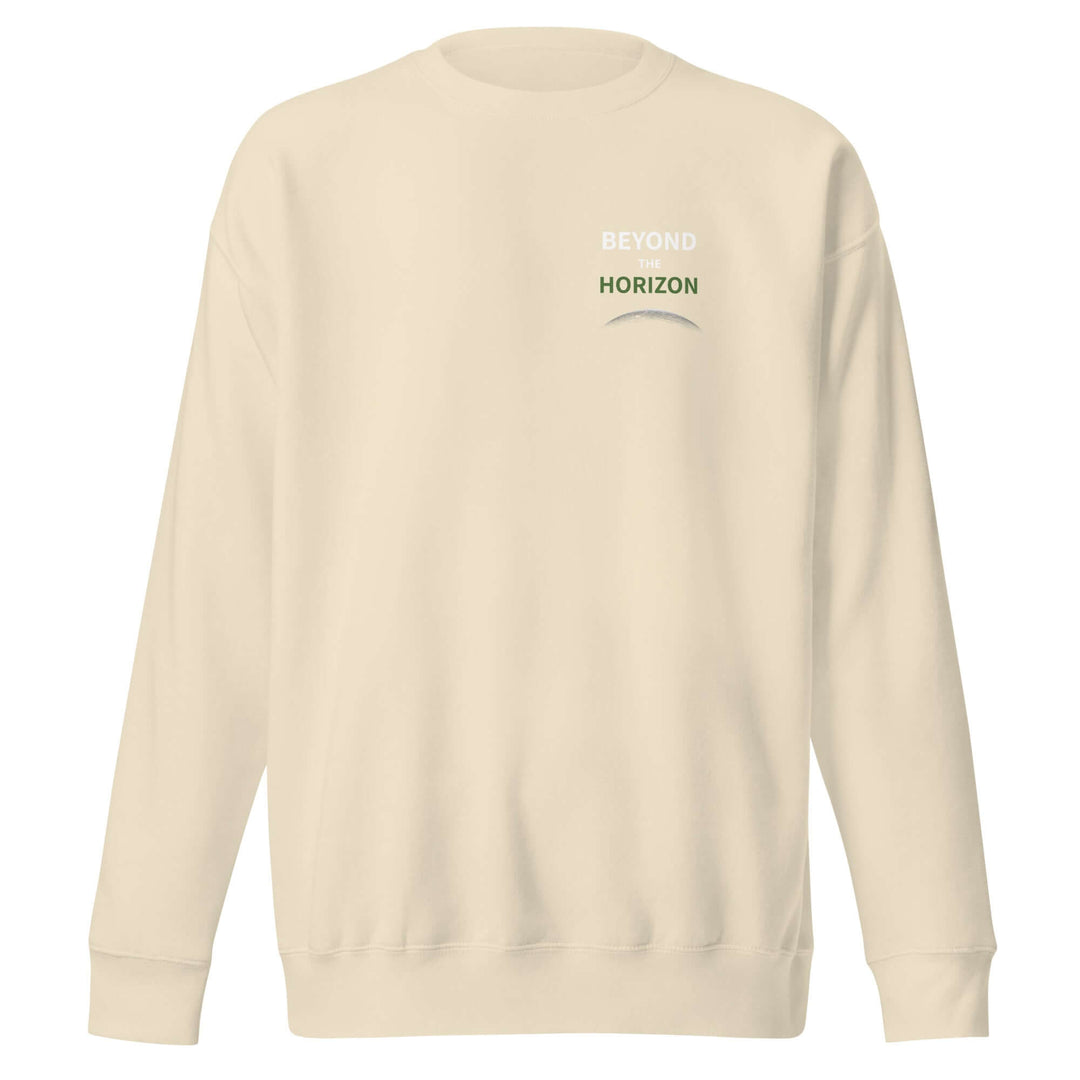Beyond the Horizon Unisex Premium Sweatshirt in beige with text logo.