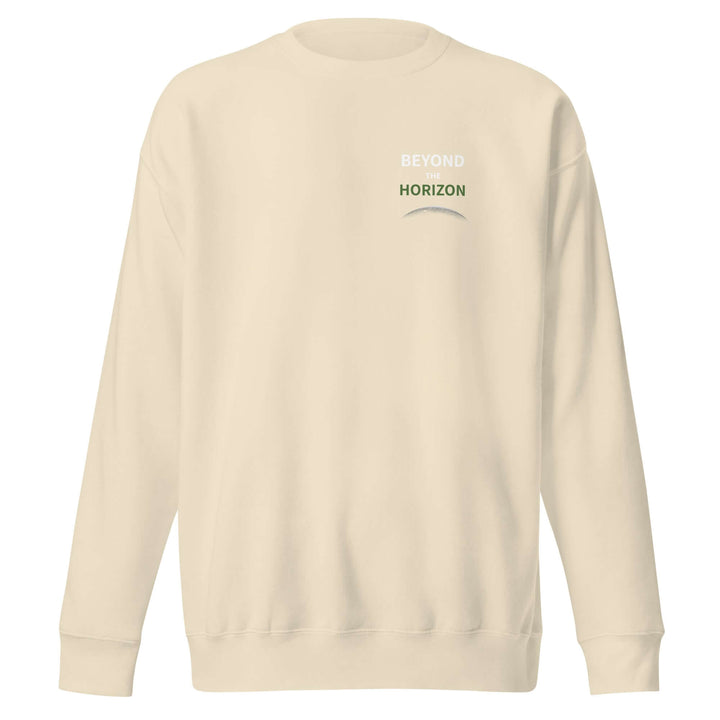 Beyond the Horizon Unisex Premium Sweatshirt in beige with text logo.