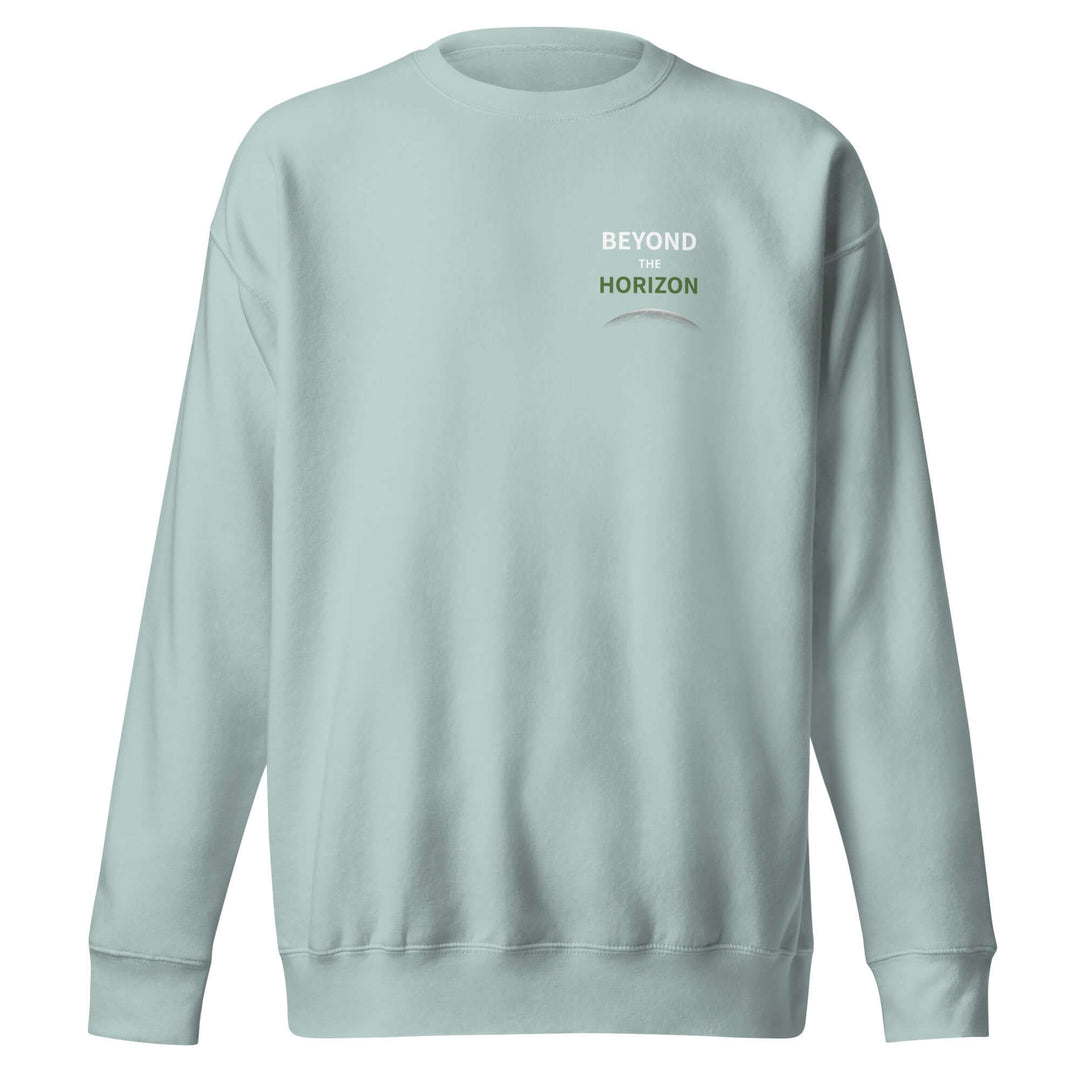 Beyond the Horizon unisex premium sweatshirt in light blue with ribbed crew neck and classic silhouette.