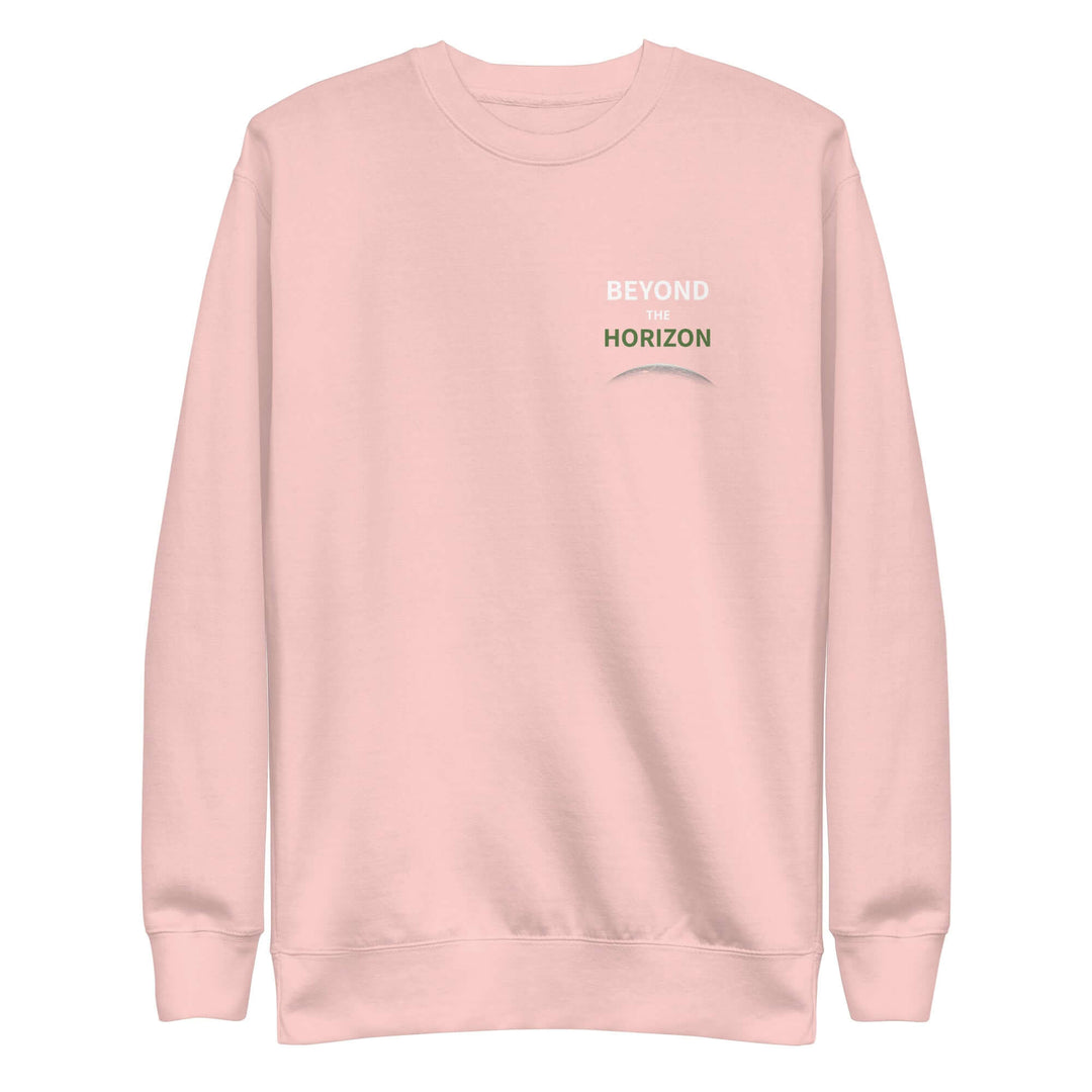 Beyond the Horizon Unisex Premium Sweatshirt in soft pink, featuring classic crew neck and comfortable fit.