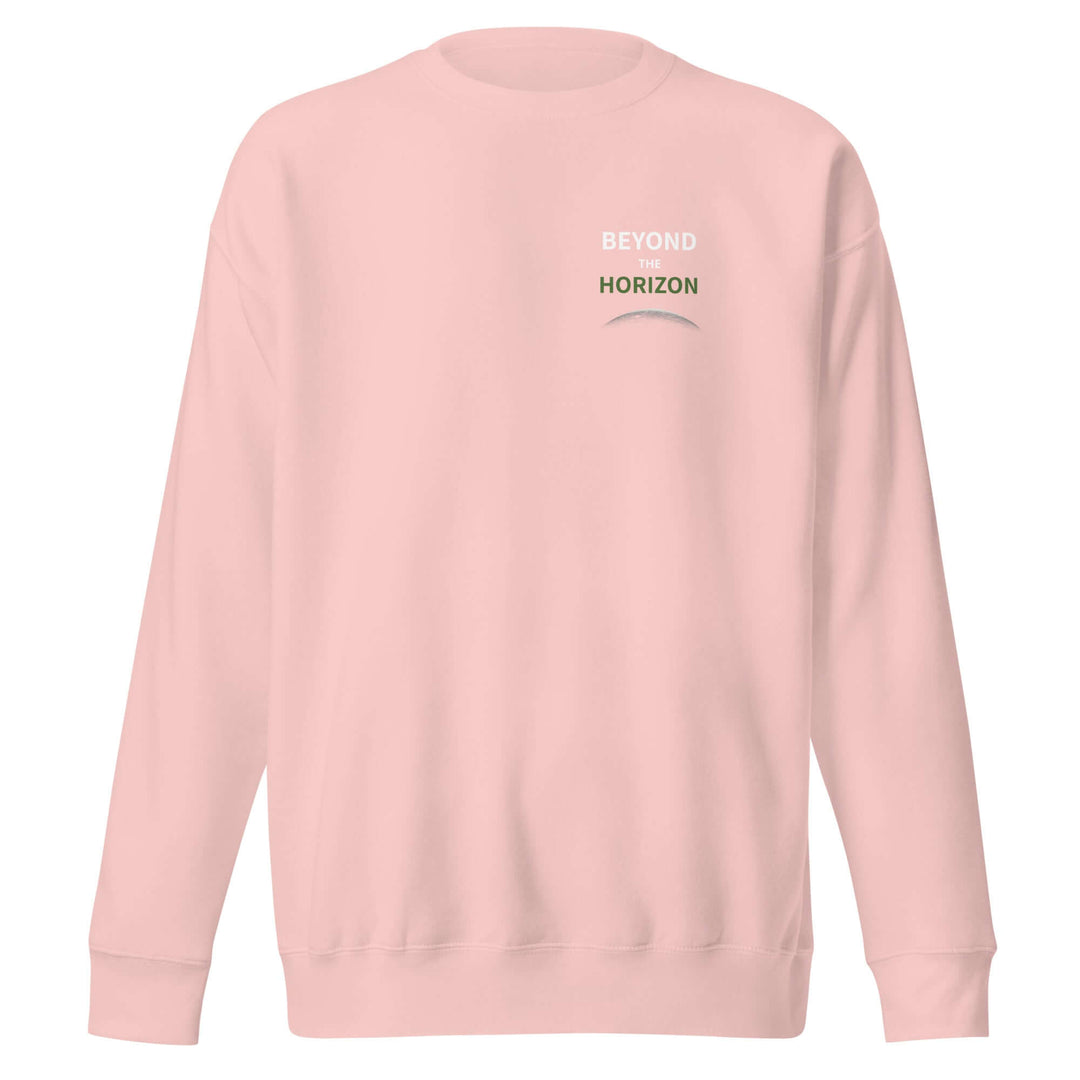 Beyond the Horizon Unisex Premium Sweatshirt in pink with ribbed crew neck and long sleeves.