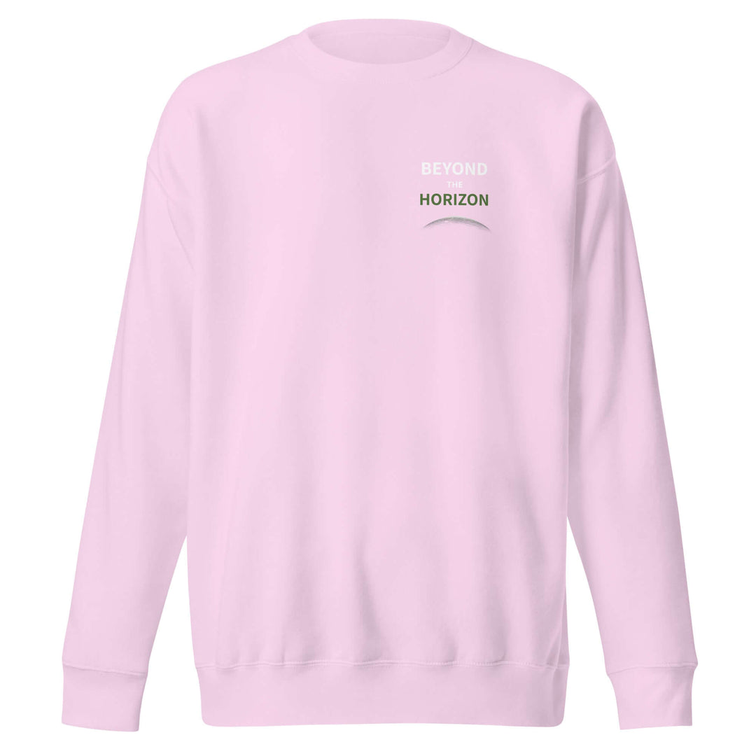 Beyond the Horizon Unisex Premium Sweatshirt in light pink color with logo.