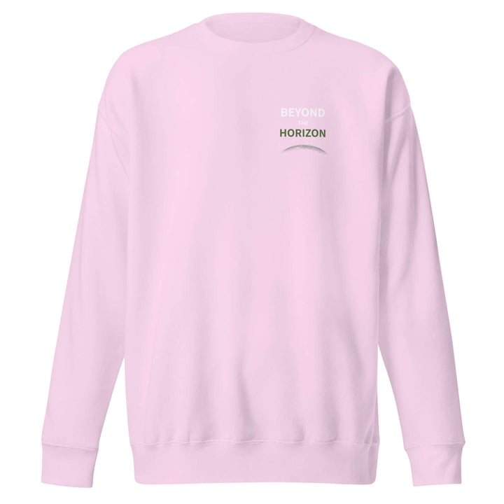 Beyond the Horizon Unisex Premium Sweatshirt in light pink color with logo.