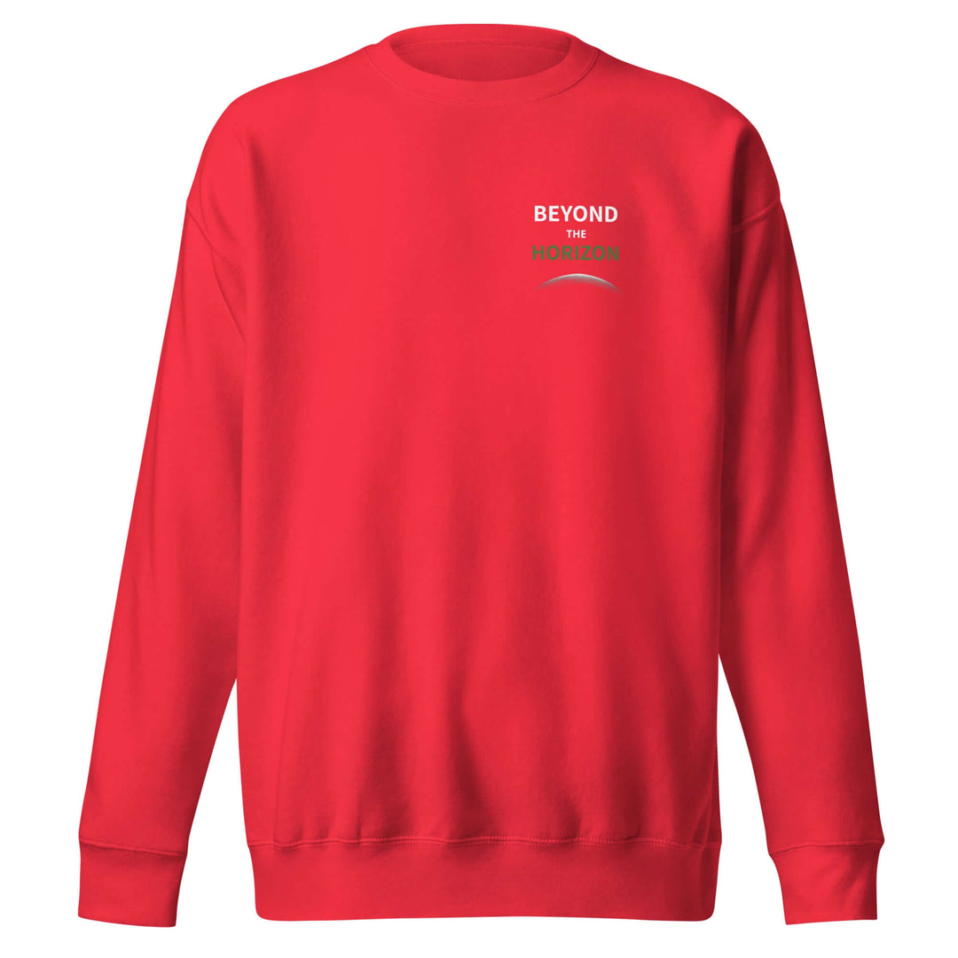 Beyond the Horizon Unisex Premium Sweatshirt in vibrant red color, featuring ribbed crew neck and trendy design.