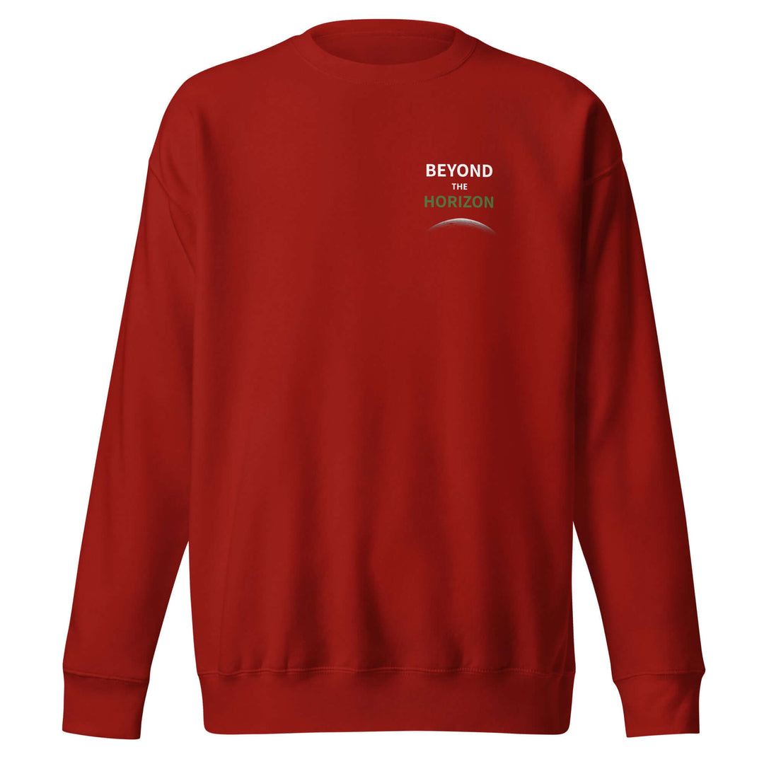 Beyond the Horizon Unisex Premium Sweatshirt in red, featuring a classic crew neck and stylish design.