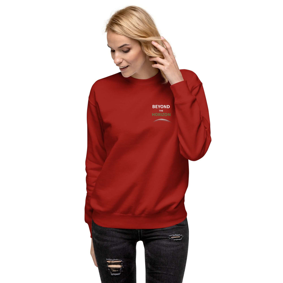 Beyond the Horizon Unisex Premium Sweatshirt in red on a model, showcasing modern streetwear style.