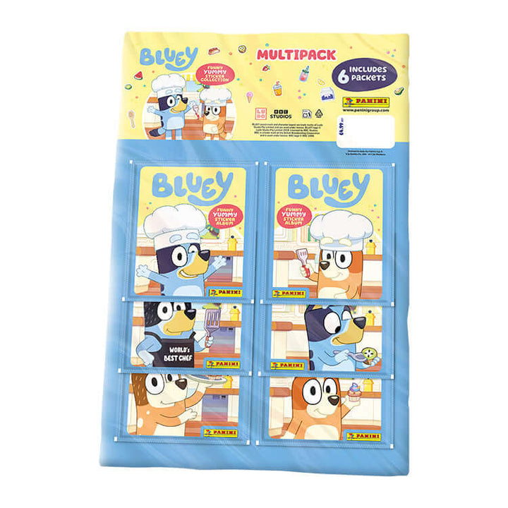 Bluey Funny Yummy Sticker Collection multipack showing 6 packets of fun and interactive stickers for kids.