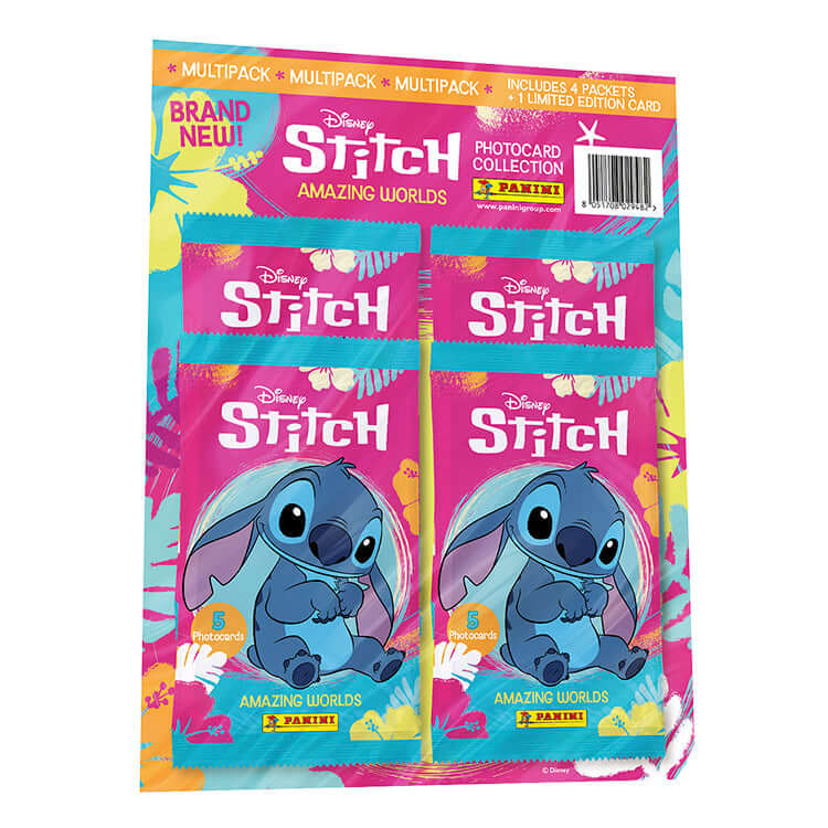 Disney Stitch Amazing Worlds Photocard Collection multipack featuring colorful packaging and character design.