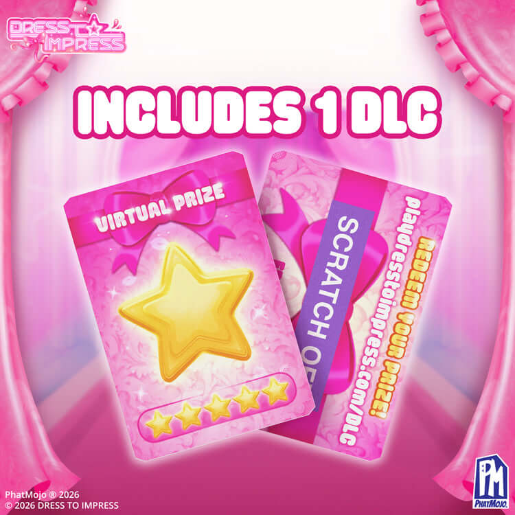 Includes 1 DLC for Dress To Impress with virtual prize scratch cards in pink design.