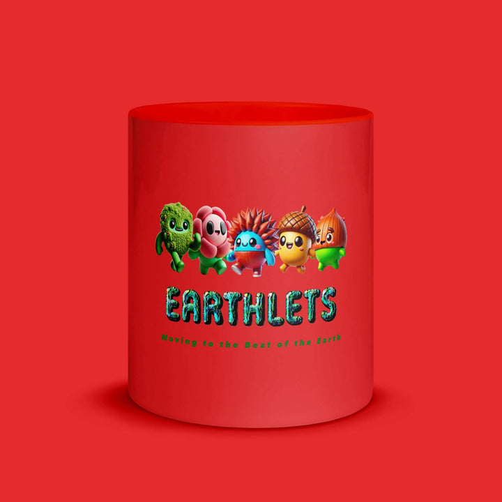 Earthlets mug with colorful characters and text on a vibrant red background.