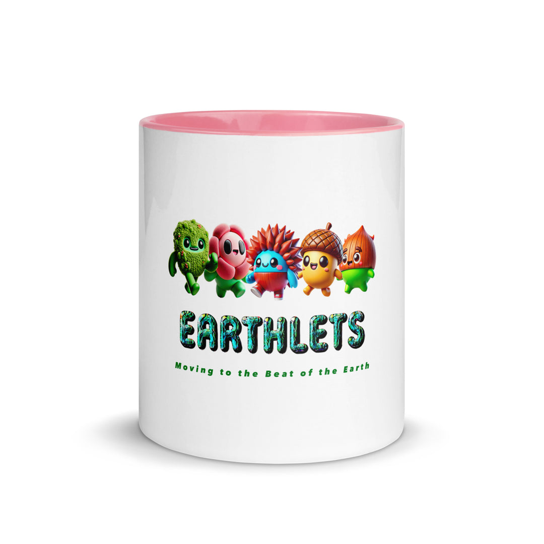Earthlets mug with colorful interior featuring playful cartoon characters and text, perfect for eco-conscious designs.