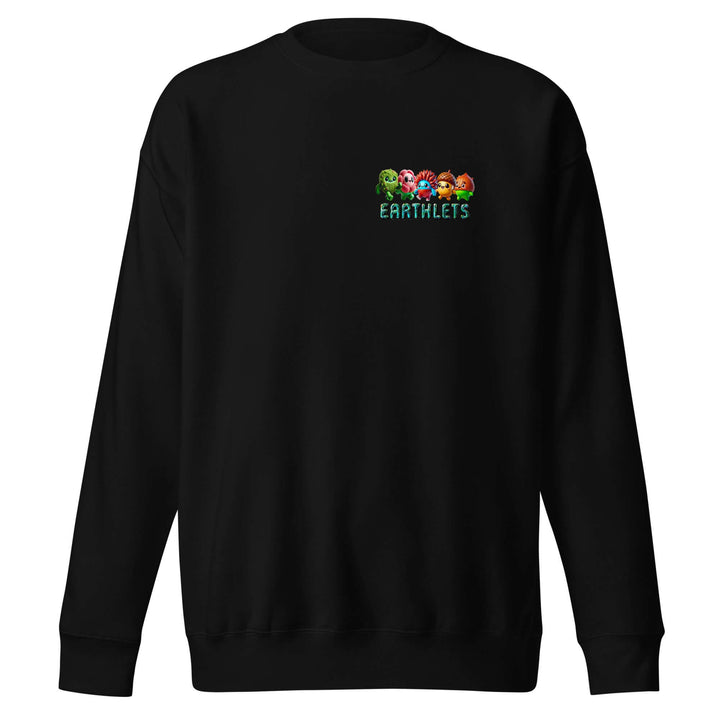 Earthlets unisex premium sweatshirt in black with colorful logo design on the front.