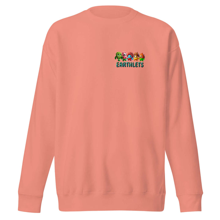 Earthlets unisex premium sweatshirt in coral color with graphic design on chest.