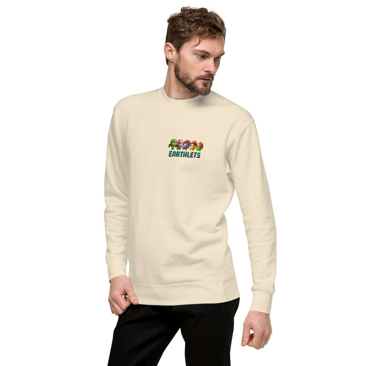 Earthlets Unisex Premium Sweatshirt worn by a model showcasing its contemporary style with colorful graphics.