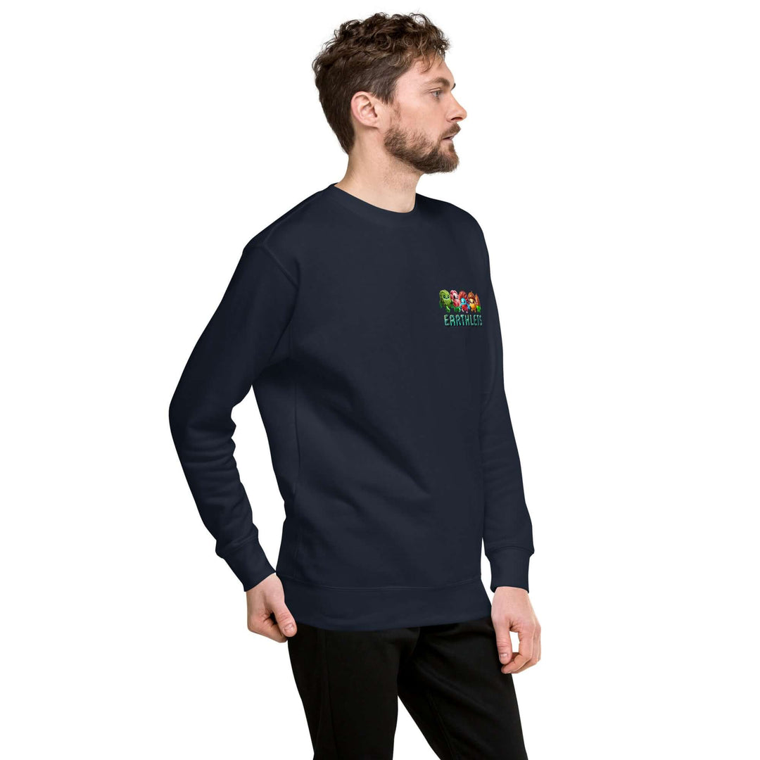 Man wearing Earthlets Unisex Premium Sweatshirt in navy blue with colorful design.