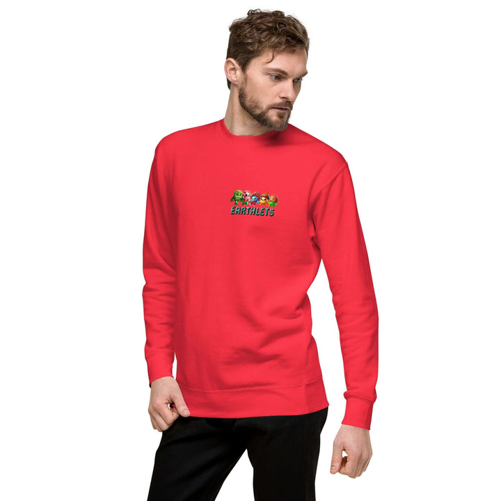 Earthlets Unisex Premium Sweatshirt in vibrant red, featuring a colorful graphic logo on the chest.