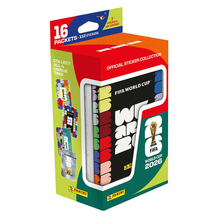 FIFA World Cup 2026 Official Sticker Collection featuring 16 packets and 112 stickers in vibrant packaging.