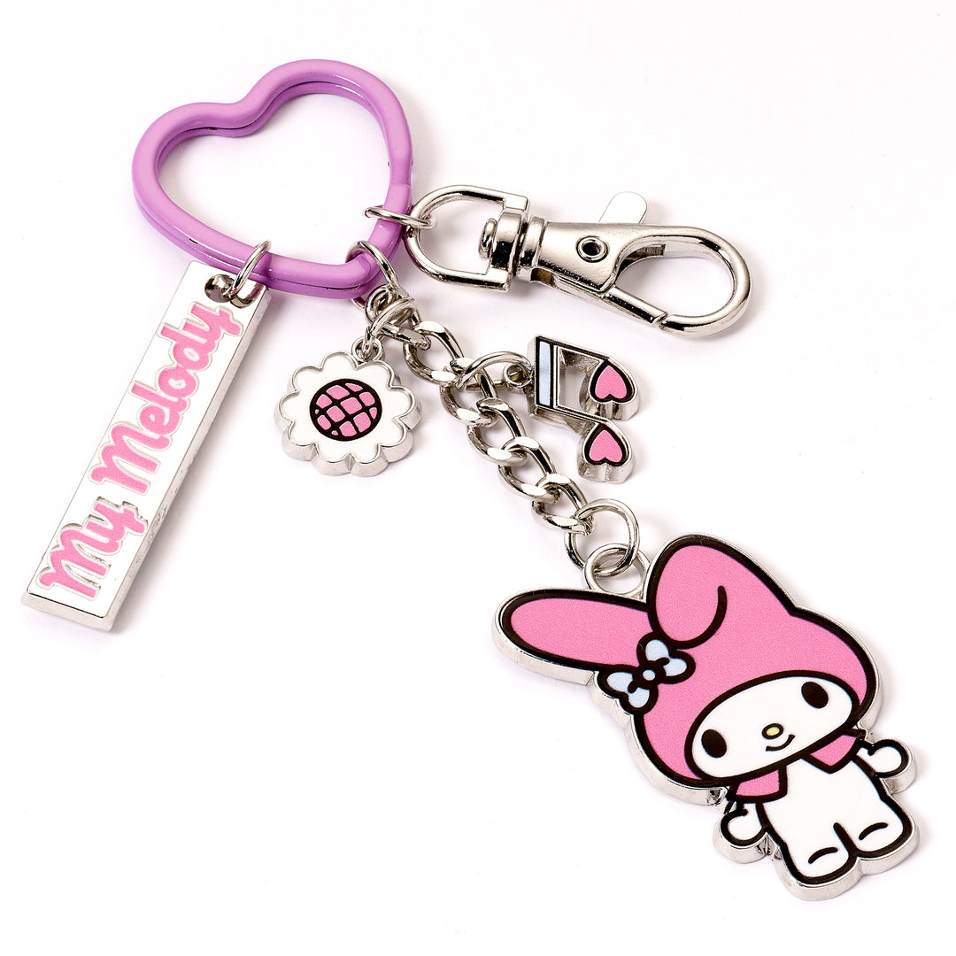 Hello Kitty My Melody keyring charms featuring My Melody character and delightful mini charms on a heart-shaped clip.