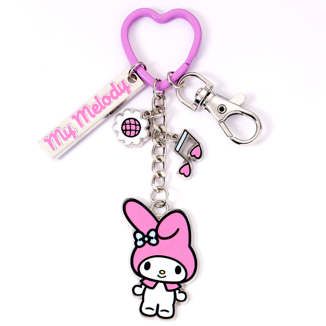 Hello Kitty My Melody keyring charms featuring a pink My Melody character and mini charms on a heart-shaped clip.