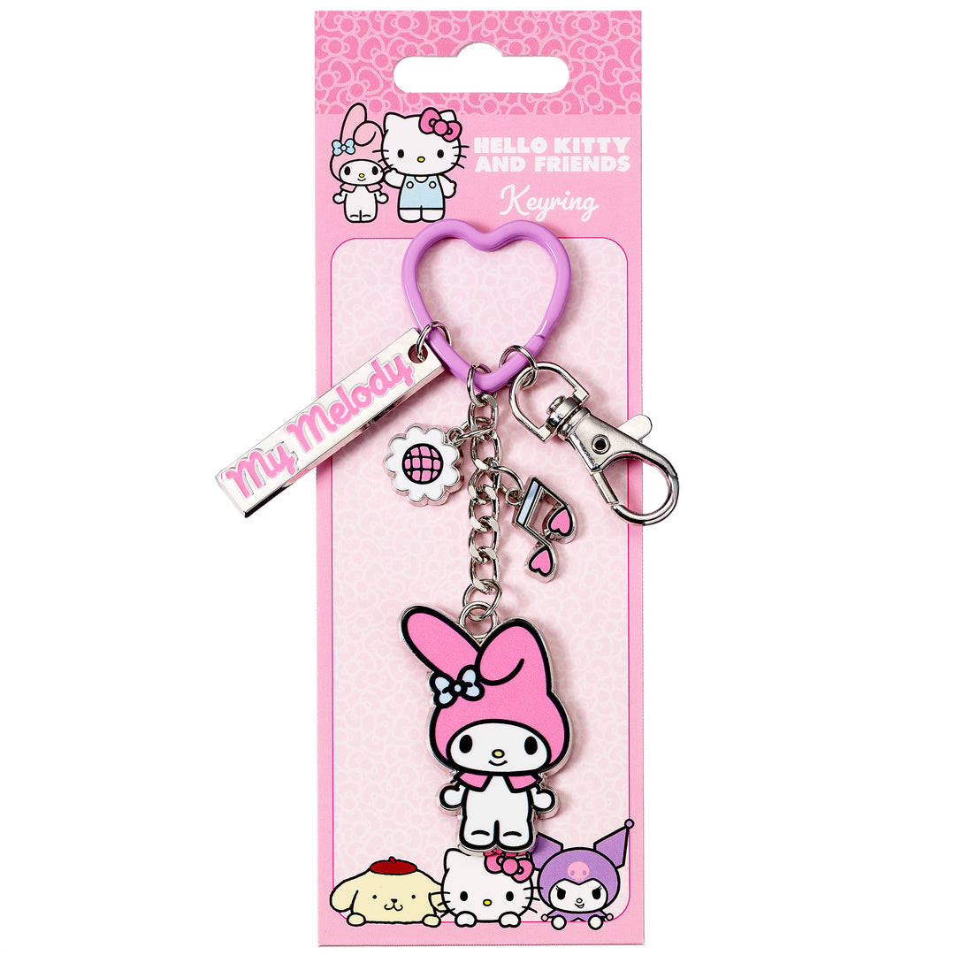Hello Kitty My Melody keyring charms with mini charms and heart-shaped clip for fans aged 14 and older.